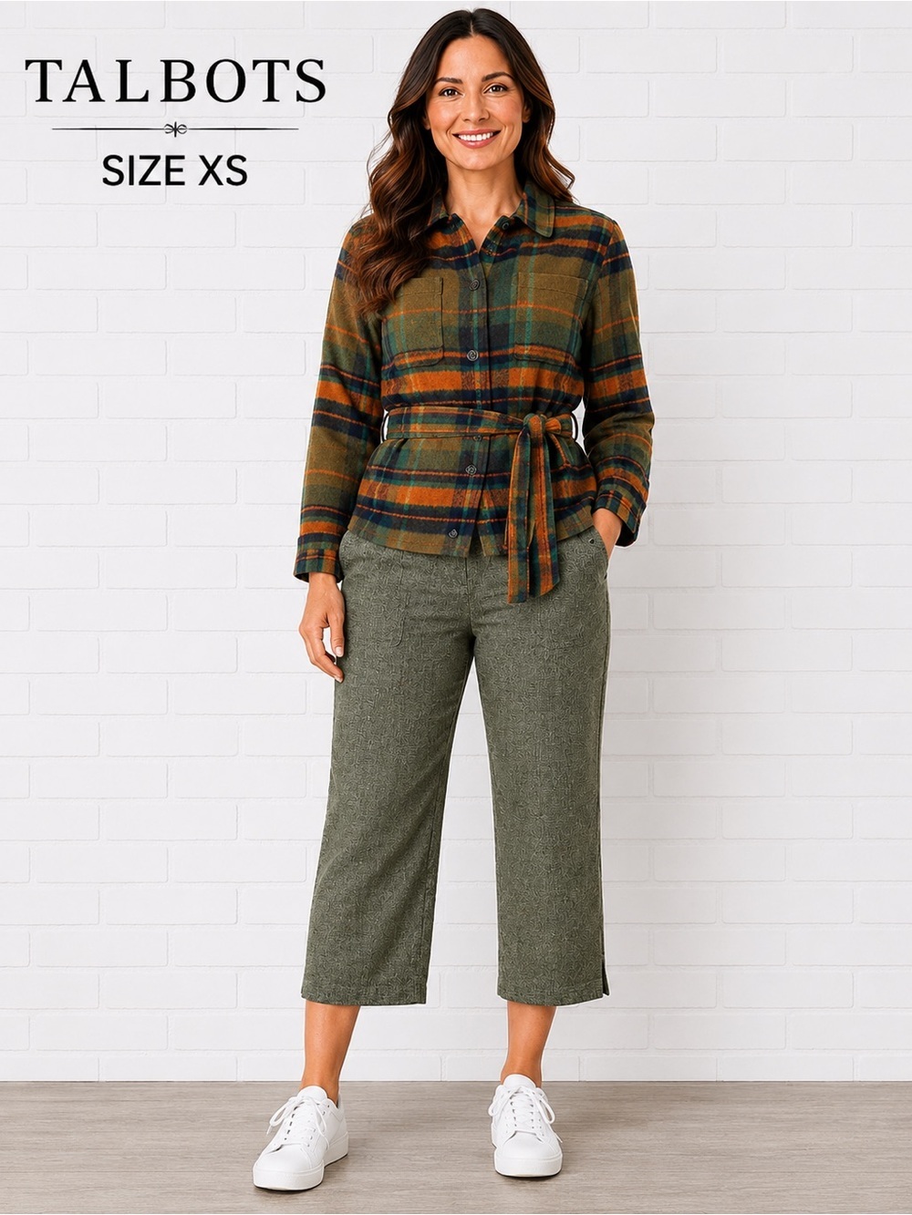 Talbots Plaid Belted Shirt Jacket XS Green Orange Wool Blend Shacket